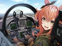  1girl :d absurdres aircraft aircraft_carrier airplane black_pantyhose bomber_jacket brown_eyes cockpit commentary_request controller excited f-18_hornet fighter_jet flight_deck fur-trimmed_jacket fur_trim green_jacket heads-up_display highres horse_girl jacket jet joystick looking_at_viewer mayano_top_gun_(umamusume) military_uniform military_vehicle navy open_cockpit open_mouth pantyhose patch pilot pilot_suit pilot_uniform runway ship shoulder_patch smile solo tussy umamusume uniform warship watercraft 