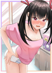 1girl bent_over black_hair blush breasts diaper fang hair_ribbon highres indoors medium_breasts no_pants open_mouth pink_shirt purple_eyes red_ribbon ribbon shirt standing sweat sypztep tagme twintails white_diaper rating:Questionable score:93 user:shelly69