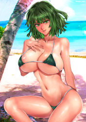  1girl beach bikini breasts fubuki_(one-punch_man) green_eyes green_hair highres large_breasts looking_at_viewer one-punch_man outdoors oyaman short_hair solo swimsuit  rating:Questionable score:65 user:zuzu69