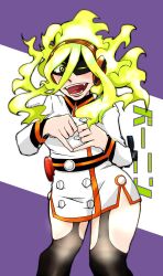  1girl absurdres artist_request belt belted_dress boku_no_hero_academia breasts burnin_(boku_no_hero_academia) buttons clenched_hands collared_dress crazy_eyes double-breasted dress eye_mask eyebrows_visible_through_mask fangs female_focus fiery_hair fire fire_extinguisher garter_straps gradient_hair green_fire green_hair hair_between_eyes hair_ornament hairband happy heart heart_hands highres jacket japanese_text kamiji_moe large_breasts long_bangs long_hair long_sleeves looking_at_viewer mask multicolored_hair neck one_eye_closed open_mouth pigeon-toed pinky_out ponytail red_hairband short_dress side_slit sidelocks signature standing suit_jacket thick_thighs thighhighs thighs two-tone_background wide_ponytail wink yellow_eyes 
