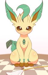 alacarte bell checkered_floor creatures_(company) game_freak gen_4_pokemon highres jingle_bell leafeon looking_at_viewer nintendo no_humans pokemon pokemon_(creature) simple_background sitting white_background 