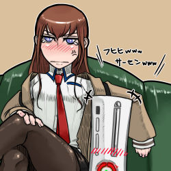  1girl breasts commentary_request game_console legs crossed_legs long_hair makise_kurisu misonou_hirokichi pantyhose red_ring_of_death solo steins;gate xbox_360 