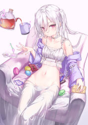 1girl armchair bare_shoulders breasts candy candy_bar chair chocolate chocolate_bar choker closed_mouth collarbone commentary_request cup expressionless food from_above grey_hair hair_between_eyes head_tilt highres holding holding_candy holding_food hood hoodie looking_at_viewer lowleg lowleg_panties macaron marshmallow mixed-language_commentary mug navel off_shoulder open_clothes open_hoodie original panties parufeito pink_eyes pocky purple_hoodie sitting small_breasts solo stomach tea teapot telekinesis thigh_gap twintails underwear white_choker white_panties 