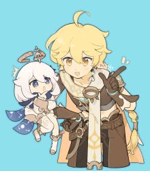  1boy 1girl ^^^ aether_(genshin_impact) ahoge arm_armor armor artist_name belt blonde_hair blue_background blue_eyes blue_scarf blush boots braid brown_belt brown_gloves brown_pants brown_shirt cape cho_kooooo collarbone constellation_print crystal_hair_ornament earrings flying genshin_impact gloves gold_trim hair_between_eyes hair_ornament hair_ribbon halo hand_on_own_chin hand_on_own_hip hand_up highres index_finger_raised jewelry long_hair long_sleeves looking_at_another mechanical_halo notice_lines open_mouth orange_cape paimon_(genshin_impact) pants puffy_long_sleeves puffy_sleeves ribbon romper scarf shirt short_hair short_sleeves shoulder_armor simple_background single_earring single_thighhigh smile standing thighhighs v-shaped_eyebrows white_footwear white_hair white_ribbon white_romper white_scarf white_thighhighs yellow_eyes 