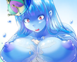  1boy 1girl between_breasts blue_hair blue_skin breasts colored_skin crown dragon_quest dragon_quest_vi funakura giant giantess hassan_(dq6) heart king_slime_(dragon_quest) large_breasts long_hair monster_girl nipples nude person_between_breasts personification queen red_eyes size_difference slime_girl upper_body  rating:Questionable score:83 user:danbooru