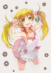 1girl :d bana_(stand_flower) blonde_hair blush_stickers bunching_hair commentary_request cropped_legs dress fang highres long_hair looking_at_viewer monogatari_(series) open_mouth oshino_shinobu pointy_ears simple_background smile solo yellow_eyes  rating:Sensitive score:13 user:danbooru