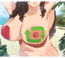 1girl areola_slip armpits arms_up beach black_hair breast_focus breasts cleavage completely_nude drill_hair exhibitionism heart_pasties highres large_areolae large_breasts like_and_retweet long_hair navel nipples nude open_mouth original outdoors palm_tree pasties public_indecency ryokucha_michi solo tree rating:Explicit score:45 user:danbooru