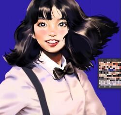  1girl black_bow black_bowtie black_hair blue_background bow bowtie bright_pupils collared_shirt heart heart-shaped_pupils highres long_hair looking_at_viewer oshiuu parted_lips real_life shadow shirt simple_background smile solo suspenders sweetest_music symbol-shaped_pupils takeuchi_mariya white_pupils white_shirt 