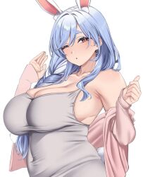  1girl animal_ear_fluff animal_ears armpits bare_shoulders blue_hair blush braid breasts cleavage hololive large_breasts long_hair looking_at_viewer mature_female moisture_(chichi) multicolored_hair orange_eyes pekomama plump rabbit_ears rabbit_girl short_eyebrows solo thick_eyebrows upper_body virtual_youtuber white_hair 