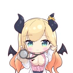  1girl absurdres aqua_eyes bat_tattoo black_horns black_skirt blonde_hair blurry blurry_foreground blush breast_tattoo breasts center_frills chibi chibi_only closed_mouth coat commentary demon_girl demon_horns demon_wings depth_of_field frilled_shirt frills gradient_hair highres hololive horn_ornament horn_ring horns lab_coat large_breasts long_hair looking_at_viewer multicolored_hair nishi_azuma open_clothes open_coat pink_hair pink_shirt pointy_ears red_coat shirt simple_background skirt sleeveless sleeveless_shirt smile solo stethoscope tattoo two-sided_coat two-sided_fabric virtual_youtuber white_background white_coat winged_heart wings yuzuki_choco yuzuki_choco_(1st_costume) 