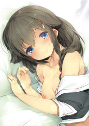 bare_shoulders black_serafuku blue_eyes blush braid braided_ponytail breasts brown_hair closed_mouth clothes_pull collarbone commentary_request fujisaki_hikari hair_flaps hair_ornament hair_ribbon highres jewelry kantai_collection long_hair looking_at_viewer lying medium_breasts nipples on_bed on_side one_breast_out pillow red_ribbon ribbon ring school_uniform serafuku shigure_(kancolle) shigure_kai_ni_(kancolle) shirt_pull single_braid smile solo wedding_band rating:Questionable score:14 user:danbooru
