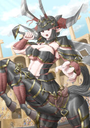  1girl absurdres arena arm_armor arm_wrap armor audience black_armor black_hair blade_horns blue_sky blunt_bangs boobplate breastplate breasts centaur cleavage cloud commentary_request crowd day dutch_angle fake_horns faulds glowing glowing_eye greatsword hair_ornament hairclip headgear highres holding holding_sword holding_weapon hooves horns horse_tail horseshoe knee_pads large_breasts leg_wrap looking_at_viewer monster_girl multiple_legs navel open_mouth original outdoors over_shoulder pointy_ears rearing red_eyes saddle saddle_blanket short_hair shoulder_armor skindentation sky solo_focus stadium standing stirrups_(riding) sword tail taur teeth underboob upper_teeth_only weapon weapon_over_shoulder yukki_(uuws4345) 