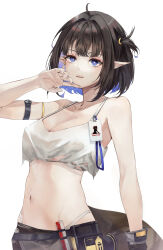  1girl absurdres arknights arm_strap bare_arms bare_shoulders black_hair blue_eyes blue_hair breasts bright_pupils camisole cleavage colored_inner_hair commentary crop_top crop_top_overhang eunectes_(arknights) eunectes_(forgemaster)_(arknights) highres looking_at_viewer medium_breasts midriff multicolored_hair navel ntto official_alternate_costume parted_lips pointy_ears simple_background solo spaghetti_strap stomach upper_body white_background white_pupils 