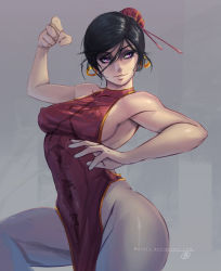  1girl black_hair bottomless china_dress chinese_clothes dress earrings fighting_stance hair_bun highres jewelry myth1carts no_bra no_panties purple_eyes red_dress smile  rating:Questionable score:31 user:Aij