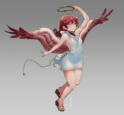  1girl absurdres aged_down angel_(monster_girl_encyclopedia) arm_up bare_arms bare_legs bare_shoulders bird_wings brown_hair christmas_lights closed_eyes dress fake_halo feathered_wings full_body grey_background hair_between_eyes halo highres less long_hair monster_girl_encyclopedia no_socks parted_lips sandals shirt signature sleeveless sleeveless_dress smile solo standing standing_on_one_leg white_shirt wings  rating:Sensitive score:13 user:danbooru