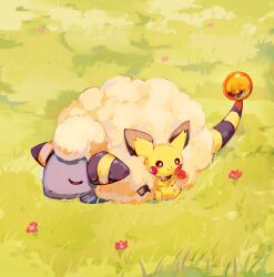  absurdres black_eyes blue_skin body_fur closed_eyes colored_skin creatures_(company) flower fluffy game_freak gen_2_pokemon highres holding holding_flower mareep nature nintendo no_humans on_grass outdoors pichu pokemon pokemon_(creature) sitting sleeping smile su_(sajo_su5) trait_connection yellow_fur 