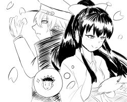 1girl 2boys black_hair blush bow breasts character_request cherry_blossoms crossover flustered gloves hair_ribbon hands_on_own_chest highres japanese_clothes legs long_hair looking_up medium_breasts monochrome multiple_boys oogami_ichirou pointy_hair ponytail ribbon sakura_taisen sega shinguuji_sakura short_hair sketch smile thighs thinking