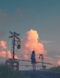  1girl cloud highres orange_sky railroad_crossing railroad_tracks sky sunset  rating:Sensitive score:1 user:hyrulequest21