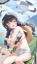  1girl absurdres ahoge bikini bird black_hair blue_archive blue_sky blush braid brown_hat cloud cloudy_sky commentary_request crying day falling_feathers feathers hat hat_on_back highres holding_bento leaf_print long_hair looking_at_viewer miyu_(blue_archive) miyu_(swimsuit)_(blue_archive) navel ocean official_alternate_costume one_eye_closed open_mouth outdoors seagull sitting sky solo straw_hat su2ro swimsuit twin_braids white_bikini 