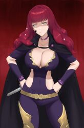  1girl absurdres belt black_cape breasts cape cleavage commentary covered_navel cowboy_shot dagger facial_mark fire_emblem fire_emblem_engage hands_on_own_hips highres holding holding_dagger holding_knife holding_weapon knife large_breasts long_hair looking_at_viewer nintendo orange_eyes red_background red_hair reverse_grip shaded_face short_sleeves shou_illust solo standing star_(symbol) thighs v-shaped_eyebrows weapon yellow_belt yunaka_(fire_emblem)  rating:Sensitive score:17 user:danbooru