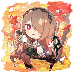  1girl arm_support arm_up autumn autumn_leaves banned_artist bench black_footwear black_gloves black_hairband black_ribbon black_skirt blush blush_stickers boots bright_pupils brown_hair brown_pantyhose center_frills chibi closed_mouth commentary english_commentary falling_leaves flower flower_brooch frilled_sleeves frills gloves grass hair_over_one_eye hairband high_heel_boots high_heels highres honkai_(series) honkai_impact_3rd leaf long_hair long_sleeves looking_at_viewer maple_leaf mole mole_under_eye naru_(andante) neck_ribbon o-ring on_bench one_eye_covered pantyhose parted_bangs pencil_skirt puffy_long_sleeves puffy_sleeves red_eyes red_flower red_rose ribbon rita_rossweisse rita_rossweisse_(fallen_rosemary) rose second-party_source shirt shirt_tucked_in sidelocks simple_background single_glove sitting skirt smile solo sparkle swept_bangs thigh_strap tree very_long_hair white_background white_pupils white_ribbon white_shirt 