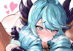 1boy 1girl ass black_bow black_sleeves blush bow cola_bcde detached_sleeves drill_hair fellatio green_eyes green_hair gwen_(league_of_legends) hair_bow heart highres league_of_legends long_hair looking_at_viewer male_pubic_hair oral pubic_hair stray_pubic_hair swept_bangs twin_drills twintails white_background rating:Explicit score:27 user:danbooru