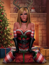 1girl 2016 antlers artist_name bare_shoulders belt black_gloves blonde_hair blue_eyes bow breasts choker christmas christmas_ornaments christmas_tree cleavage dress eyeliner eyeshadow fake_antlers figure fireplace fur_trim gift gloves highres horns indoors katarina_(league_of_legends) kneeling league_of_legends lips lipstick looking_at_viewer makeup pitcher_(container) realistic red_dress red_lips scar scar_across_eye scar_on_face sciamano240 short_dress signature slay_belle_katarina solo spread_legs strapless strapless_dress striped_clothes striped_thighhighs thighhighs watermark web_address zettai_ryouiki rating:Sensitive score:43 user:danbooru