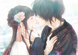  1boy 1girl beads brown_hair closed_eyes commentary_request couple flower grey_hair hair_flower hair_ornament hand_on_another&#039;s_cheek hand_on_another&#039;s_chest hand_on_another&#039;s_face hetero highres imminent_kiss japanese_clothes kimono kinoebi kiss long_hair original patterned_clothing resolution_mismatch short_hair single_tear source_larger tassel tears  rating:Sensitive score:9 user:danbooru