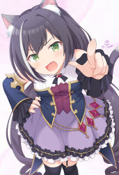 1girl :d animal_ear_fluff animal_ears bare_shoulders black_hair blouse blue_sleeves blush cat_ears cat_girl commentary_request detached_sleeves fang hand_on_own_hip head_tilt kaiware-san karyl_(princess_connect!) long_hair long_sleeves low_twintails multicolored_hair open_mouth pointing pointing_at_viewer princess_connect! purple_skirt shirt skirt sleeveless sleeveless_shirt smile solo streaked_hair twintails very_long_hair white_hair white_shirt wide_sleeves rating:Sensitive score:5 user:danbooru