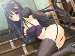  00s 1girl animal_ears armpits artist_request asakura_naoko black_hair blush breasts buster cat_ears cross elbow_gloves garter_belt garter_straps gloves hair_ornament high_heels highres kono_aozora_ni_yakusoku_wo large_breasts lingerie long_hair mittens open_mouth red_eyes smile stairs tail thighhighs underwear  rating:Questionable score:42 user:treehater