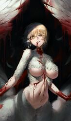  absurdres blonde_hair blood breasts clenched_teeth dungeon_meshi falin_touden falin_touden_(chimera) feathers hair_between_eyes hashtag-only_commentary highres injury large_breasts long_hair looking_at_viewer maenoo monster_girl navel short_hair spoilers stomach teeth underboob white_wings wings yellow_eyes 