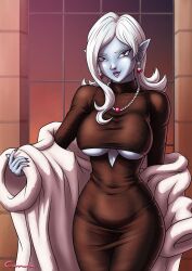  1girl blue_skin breasts coat colored_skin dragon_ball dress earrings fur_coat jewelry large_breasts medium_hair nail_polish necklace pointy_ears solo towa_(dragon_ball) underboob white_hair  rating:Sensitive score:3 user:deltam9
