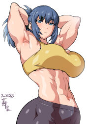 1girl abs armpits arms_behind_head blue_eyes blue_hair breasts highres large_breasts leona_heidern long_hair muscular muscular_female navel ponytail simple_background solo sorahachi_midoro the_king_of_fighters white_background  rating:Sensitive score:32 user:danbooru