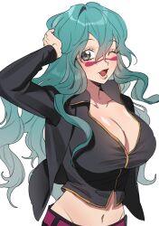  1girl bleach breasts cleavage green_hair large_breasts long_hair looking_at_viewer midriff navel nelliel_tu_odelschwanck one_eye_closed open_mouth smile 