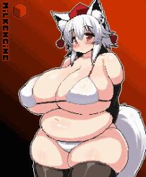  1girl animal_ears animated animated_gif arms_behind_back belly bikini blinking blush bouncing_breasts breasts cleavage covered_erect_nipples cube elbow_gloves eyebrows_hidden_by_hair fat gloves gradient_background hat huge_breasts inubashiri_momiji kyosuke_fujiwara looking_at_viewer navel pixel_art plump red_eyes short_hair solo standing swimsuit tail thick_thighs thighhighs thighs tokin_hat touhou underboob white_hair wide_hips wolf_ears wolf_tail  rating:Questionable score:60 user:ComboBreaking