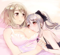 10s 2girls babydoll bare_shoulders blush breast_sucking breasts brown_eyes brown_hair cleavage commentary_request drill_hair hair_ribbon holding_hands idolmaster idolmaster_cinderella_girls interlocked_fingers kanzaki_ranko large_breasts long_hair lying lying_on_person mimura_kanako mui_(muica) multiple_girls on_back on_side on_stomach red_eyes ribbon short_hair silver_hair smile twin_drills twintails yuri rating:Questionable score:59 user:danbooru