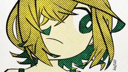 1girl abstract amano_pikamee artist_name blonde_hair bright_pupils colored_inner_hair commentary dated english_commentary frown green_eyes green_hair hair_over_one_eye highres illeity looking_to_the_side multicolored_hair portrait screentones signature simple_background solo voms white_background white_pupils 
