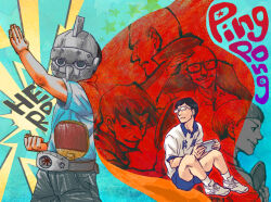  6+boys bald black_hair blue_background blue_shirt blue_shorts bowl_cut cape clenched_hand closed_mouth commentary_request coppar copyright_name dual_persona english_text facing_viewer glasses grin handheld_game_console henshin_pose holding holding_handheld_game_console holding_paddle hoshino_yutaka kazama_ryuuichi kong_wenge looking_at_another looking_at_viewer male_focus mask multiple_boys opaque_glasses paddle ping_pong_(manga) polo_shirt red_cape sakuma_manabu salute serious shirt shoes short_hair short_sleeves shorts sitting smile sneakers socks star_(symbol) table_tennis_paddle tsukimoto_makoto tsurime uniform v-shaped_eyebrows white_footwear white_shirt white_socks 