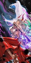  1girl blue_hair breasts club_(weapon) earrings female_focus highres hip_vent holding holding_weapon horns japanese_clothes jewelry large_breasts liang_xing long_hair multicolored_hair one_piece ponytail rope_belt sandals sideboob snake solo toes two-tone_hair weapon white_hair yamato_(one_piece)  rating:Sensitive score:12 user:catonfire26