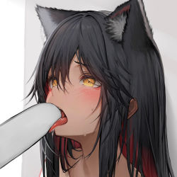 1girl absurdres animal_ear_fluff animal_ears arknights black_hair blush commentary_request grey_background highres long_hair partial_commentary portrait sexually_suggestive solo tab_head texas_(arknights) tongue tongue_out wolf_ears yellow_eyes rating:Questionable score:88 user:danbooru