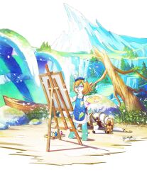  1girl :d apron artist_name bare_tree beach beret blue_apron blue_headwear boat brown_hair canvas_(object) cliff commentary_request dated day dress easel genshin_impact grass hair_between_eyes hat highres horns kaminaga_mutsumi long_sleeves mamere_(genshin_impact) melusine_(genshin_impact) moss mountain non-humanoid_robot oar open_mouth outdoors paint_on_clothes painting_(action) palette_(object) pocket purple_eyes ribs robot robot_animal rock sand scenery seymour_(genshin_impact) short_hair signature smile standing tree water watercraft watermark white_dress 