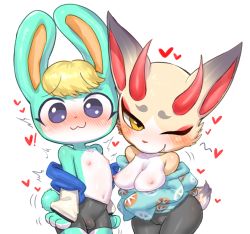  1boy 1girl :3 animal_crossing animal_ears bike_shorts blonde_hair blue_eyes blush breasts breasts_out brown_eyes bulge cameltoe chibi curvy deer_ears deer_tail embarrassed eyebrows eyelashes fang furry hanuvo heart highres horns jacket japanese_clothes kimono looking_at_viewer navel nintendo nipples off_shoulder one_eye_closed rabbit_ears rabbit_tail sasha_(animal_crossing) shino_(animal_crossing) simple_background skin_tight smile bad_tag tail take_your_pick tareme trap tsurime undressing white_background wide_hips yellow_eyes yukata  rating:Questionable score:137 user:Dweenie