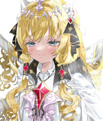 1girl :3 armored_boots armored_gloves blonde_hair blue_eyes blush boots closed_mouth coat collared_shirt crown_(nikke) diadem drill_hair goddess_of_victory:_nikke hair_ornament headgear jewelry long_hair necklace shirt solo uniofthedead white_coat white_shirt