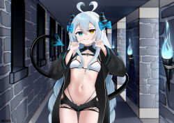  1girl ahoge akugaki_koa alceid bell belly blue_eyes bow breasts commission demon demon_girl demon_horns flat_chest hallway heterochromia highres horns idol_corp indoors knee_up knees_up long_hair navel pointing ribbon small_breasts stone_floor tail thighs torch very_long_hair virtual_youtuber wallpaper window yellow_eyes 