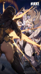  2girls artist_request ass black_hair black_pantyhose blonde_hair blue_hair charging_forward commentary cropped crown_(nikke) dress english_commentary frown goddess_of_victory:_nikke gun highres horseback_riding indivilia_(nikke) long_hair long_sleeves looking_at_another machine_gun multiple_girls non-humanoid_robot official_art open_mouth pantyhose phone_wallpaper riding robot robot_animal second-party_source standing trombe_(nikke) wallpaper watermark weapon white_dress 