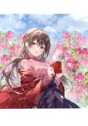  1girl absurdres blue_sky blush breasts brown_hair buttons cloud cloudy_sky coffee_mug cup day fingernails flower highres holding long_hair long_sleeves looking_at_viewer medium_breasts miwabe_sakura mug open_mouth original outdoors purple_eyes ribbed_sweater scan skirt sky solo sweater 