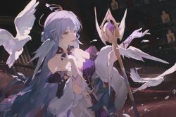  1girl aqua_eyes bare_shoulders bird breasts cleavage detached_sleeves dress earrings falling_feathers feathers gloves halo hand_on_own_chest hand_up head_wings highres honkai:_star_rail honkai_(series) jewelry long_hair looking_to_the_side open_mouth pigeon purple_dress purple_hair robin_(honkai:_star_rail) short_sleeves smile solo two-tone_dress white_dress white_gloves white_wings wings yueko_(jiayue_wu) 
