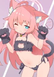  1girl ahoge animal_cutout animal_ear_fluff animal_ears animal_hands applemint arms_up bell black_bra black_gloves black_panties blue_archive blue_eyes blush bra breasts cat_cutout cat_ear_panties cat_ears cat_girl cat_lingerie cat_tail choker cleavage_cutout clothing_cutout embarrassed female_focus flying_sweatdrops frilled_bra frills gloves gluteal_fold groin halo hoshino_(blue_archive) jingle_bell leaning_forward loli long_hair looking_at_viewer lowleg lowleg_panties meme_attire neck_bell one_eye_closed panties paw_gloves paw_pose pink_hair side-tie_panties small_breasts smile solo spoken_blush tail underwear underwear_only  rating:Sensitive score:156 user:danbooru