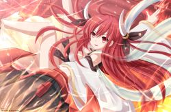 10s 1girl ahoge breasts cleavage date_a_live detached_sleeves fire highres itsuka_kotori kazenokaze long_hair open_mouth red_eyes red_hair solo twintails very_long_hair weapon wide_sleeves rating:Sensitive score:14 user:danbooru
