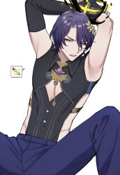  1boy annoyed armpits arms_up black_shirt blue_hair blue_pants brooch chain cleavage_cutout clothing_cutout collared_shirt dr._ratio_(honkai:_star_rail) elbow_gloves gloves hair_ornament honkai:_star_rail honkai_(series) imprisonment_(honkai:_star_rail) jewelry leaf_hair_ornament male_focus naname13 open_mouth pants restrained shirt short_hair side_cutout simple_background single_bare_arm single_elbow_glove solo sweat v-shaped_eyebrows white_background 